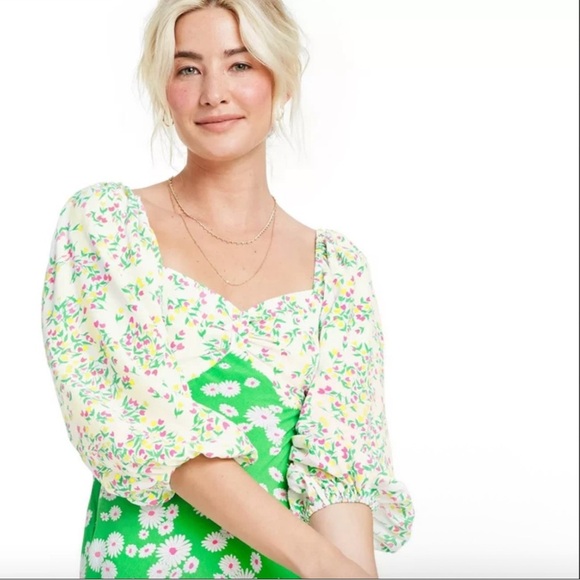 Rixo for Target Green Daisy Long Sleeve Swing Dress Size 4 Retro Puff Sleeve - Picture 4 of 12